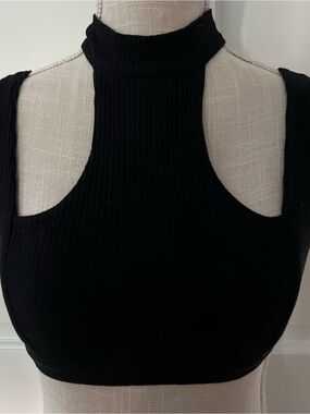 ASOS Black Ribbed High Neck Cutout Crop Top